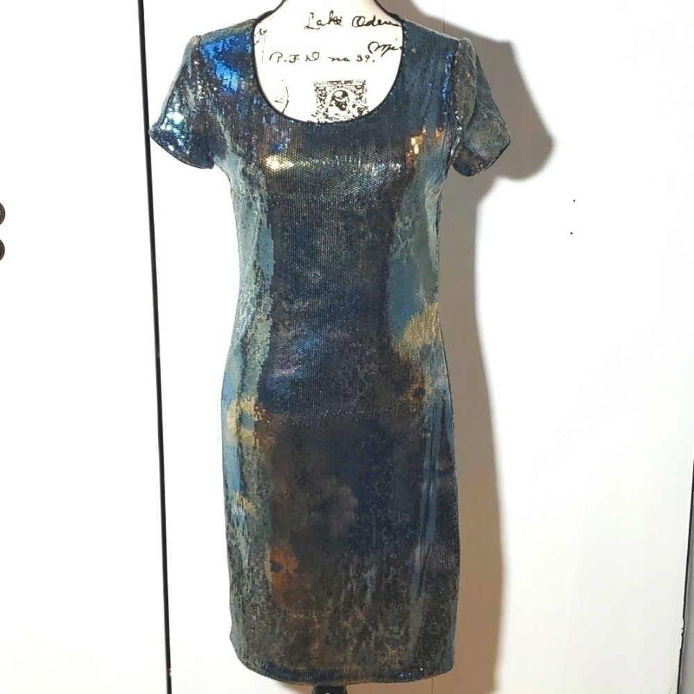 Joseph Ribkoff| Womens Full Sequin Elegant Evening Dress Short-Sleeve Lux Size 6
